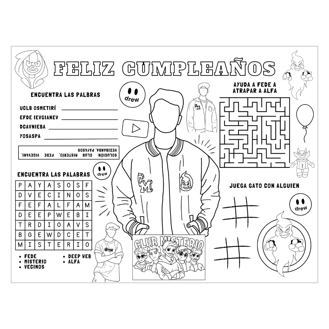 Hoja de Actividades para Cumpleaños – Inspirado en Fede Vigevani y Club Misterio