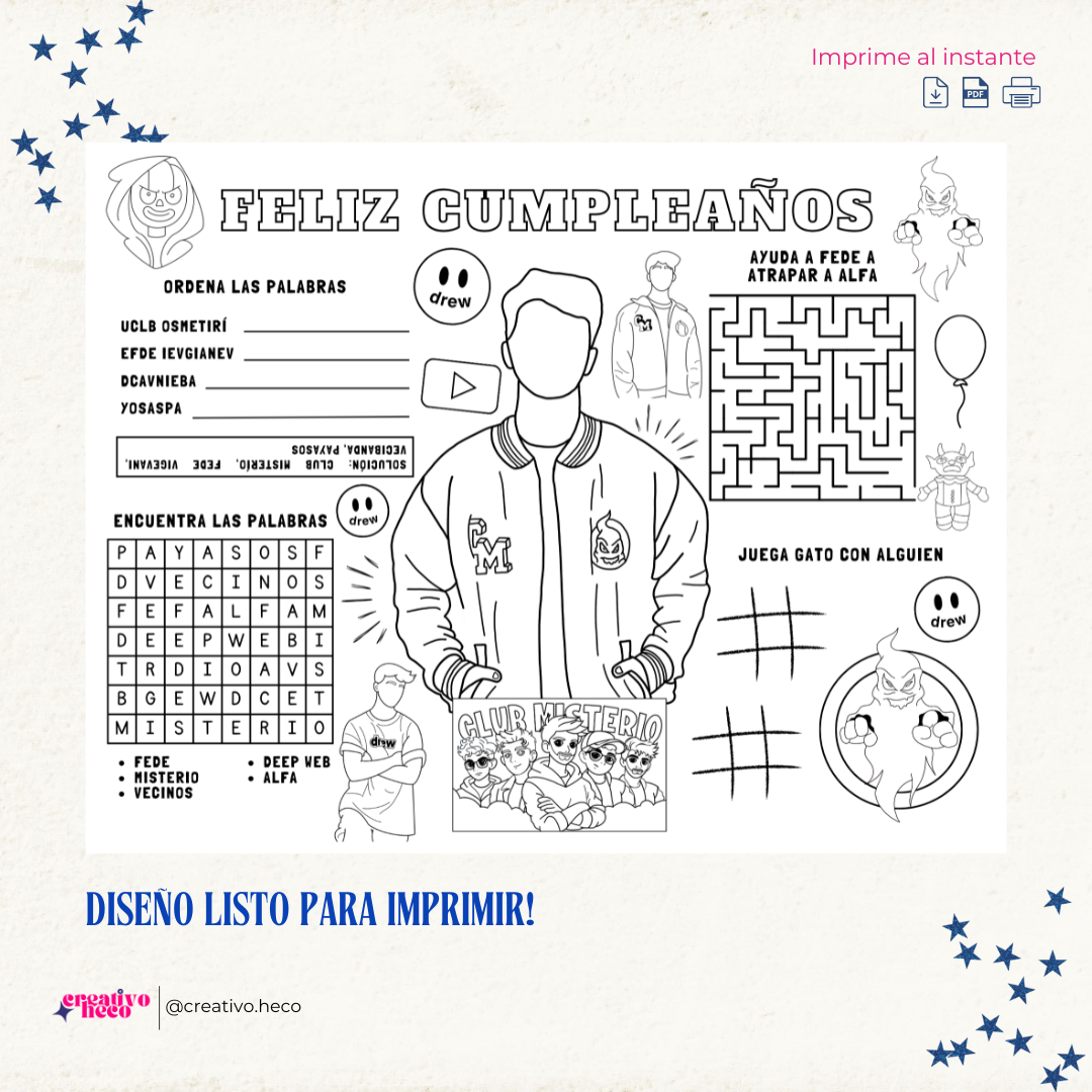 Hoja de Actividades para Cumpleaños – Inspirado en Fede Vigevani y Club Misterio