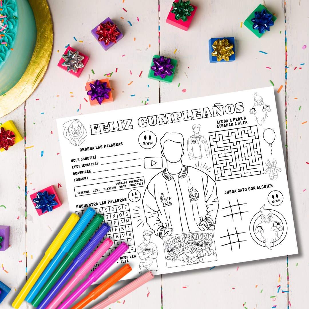 Hoja de Actividades para Cumpleaños – Inspirado en Fede Vigevani y Club Misterio