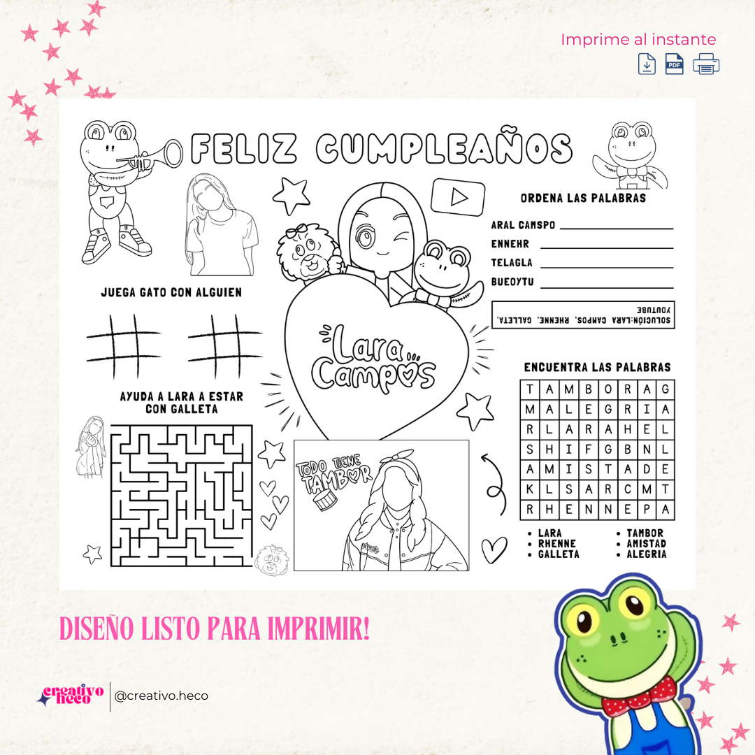 Hoja de Actividades para Cumpleaños – Inspirado en Lara Campos & Rhenné