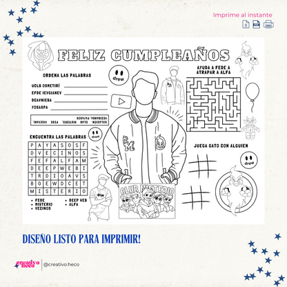 Hoja de Actividades para Cumpleaños – Inspirado en Fede Vigevani y Club Misterio