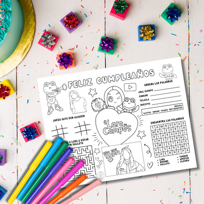 Hoja de Actividades para Cumpleaños – Inspirado en Lara Campos & Rhenné