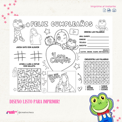 Hoja de Actividades para Cumpleaños – Inspirado en Lara Campos & Rhenné
